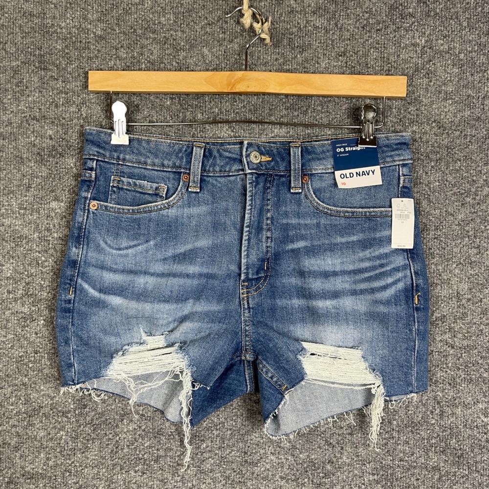 NEW Old Navy OG Straight Jean Shorts 10 Blue NWT Distressed High Rise 3" Inseam